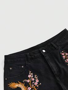 ROMWE Grunge Punk Plus Size Women Retro New Chinese Style Embroidered Fringe Denim Shorts - Black - View 4