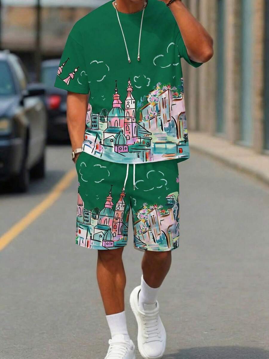 Sorvial 男士印花圆领短袖T恤和斜插口袋短裤休闲套装 - 墨綠色 - 查看 1