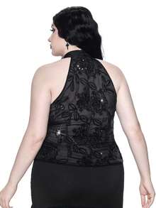 ROMWE Goth Plus Size Patchwork Embroidered Fitted Fashionable Camisole - Black - View 5