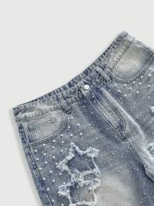 ROMWE MEN Street Life Celana Pendek Denim Longgar Pria dengan Hiasan Mutiara dan Berlian - Baby Blue - View 2