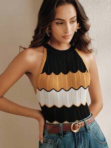 Anewsta Áo tank top dệt kim không tay cổ yếm thời trang dành cho nữ, họa tiết sọc lượn sóng nhiều màu sắc, khoét rỗng, thích hợp cho mùa hè. - Nhiều màu - Xem 4