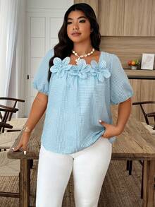 SHEIN LUNE 大尺碼女款格紋 3D 花卉裝飾短泡泡袖襯衫 - 彩色 - 查看 3