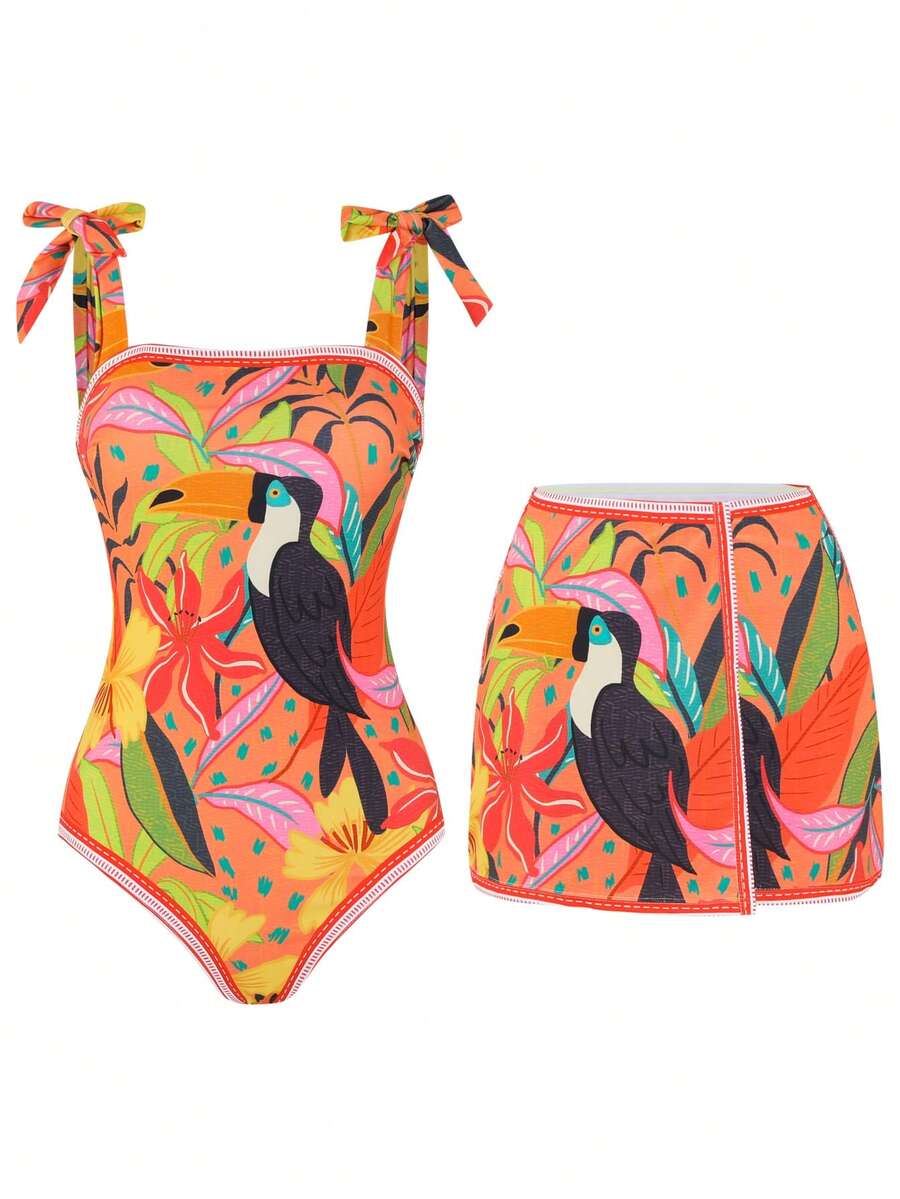 Swim Oasis 两件套比基尼泳衣套装，连体泳衣带裙摆，性感优雅撞色泳装套装，春夏海滩度假新款 - 彩色 - 查看 1