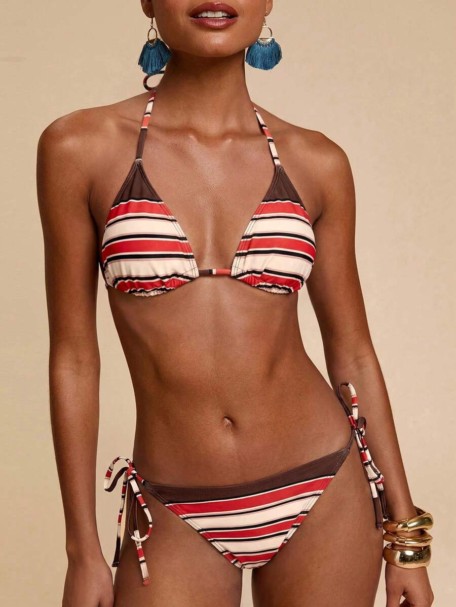 Travachic Women's Summer Beach Patchwork Halter Tie Sexy Bikini And Triangle Briefs Swimwear Set Vacation Bathing Suit - Multicolor - View 1