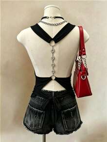 Franclia Women's Casual Backless Chain Decor Padded Camisole Top - Black - View 8