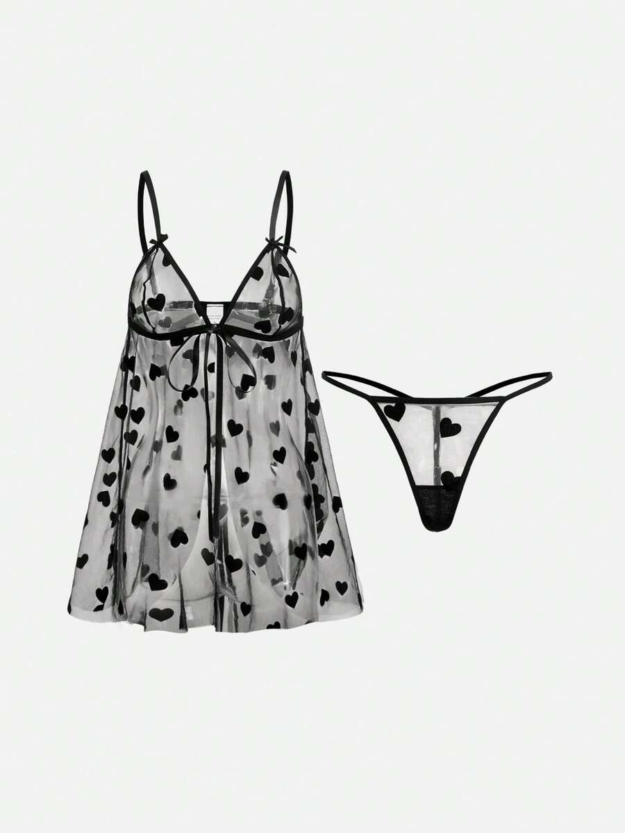 Bella Beso 2pcs Women's Sexy Floral Mesh Robe Set, Front Tie Bow Decor Lingerie Set