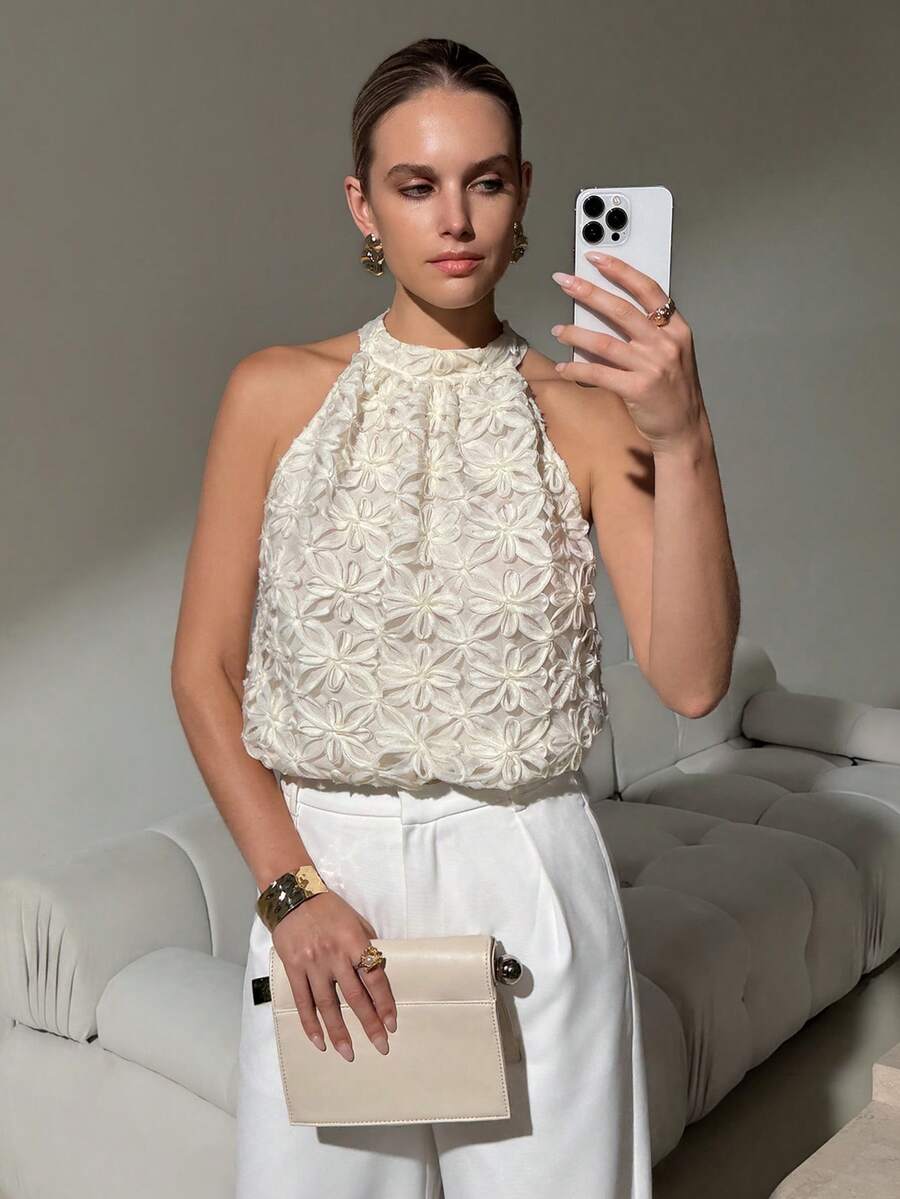 Lavishia Women's Elegant 3D Floral Halter Neck Blouse, Summer,Summer Top - Beige - View 1