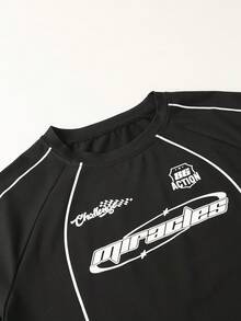 SHEIN Explorewe 青少年男童休闲字母印花圆领T恤和运动裤套装 - 黑色 - 查看 7