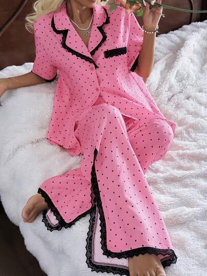 CottageSlumber 女士睡衣睡袍，甜美蕾丝蝴蝶结设计，短袖长款