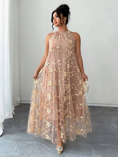 Elenzga Plus Size Women's Bohemian Elegant Halter Dress - Champagne Mesh + Shimmering Floral Embroidered Dress, Layered Mesh Ethereal Gown, Gold Floral Embroidered Halter Dress, Champagne Gold + Embroidered Luster, Suitable For Holiday Evenings, New Year Parties, Halter + Ethereal Mesh Design, Soft And Delicate, Great For Date Outfits
