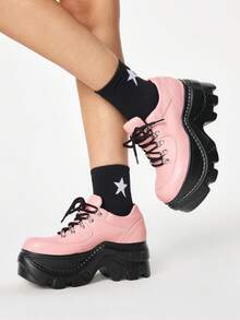 ROMWE Grunge Punk Chaussures gothiques punk rock Y2K pour femmes avec laçage et chaîne, mocassins noirs, derbies Mary Jane, chaussures de travail habillées, talons compensés et plateformes pour Noël - Rose sans chaîne - Voir 5