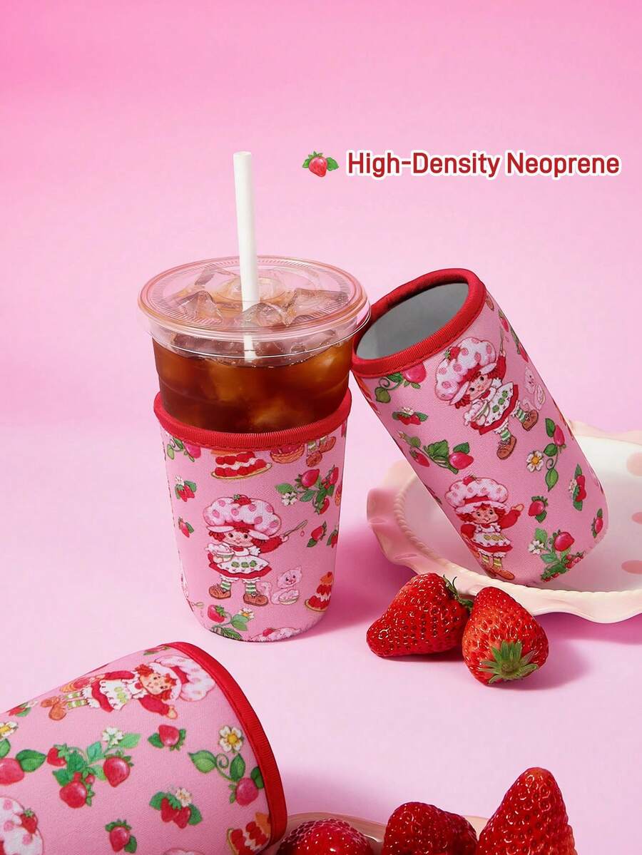 Strawberry Shortcake X SHEIN 1Pc Strawberry Printed Fabric Cup Holder, Neoprene Cup Sleeve Thermal Insulation Material, Reusable, S/M/L Three Sizes, Suitable For Different OZ Coffee Cups - Pink - View 1