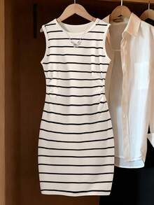 SHEIN Black Line Print Sleeveless Dress For Teen GirlSuitable Spring, Summer, Autumn, Suitable Outings, Home Daily Wear, Comfortable Minimalist Classic - Multicolor - View 4