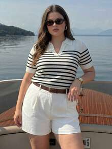Zelara Plus Size Women's Black And White Striped Polo Shirt,Short Sleeve Knit Top For Summer Vacation Holiday,Traditional Sailor Nautical Yacht Outfit - Black and White - View 1