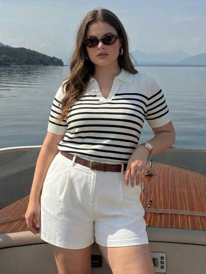 Zelara Blusa de polo a rayas de manga corta, versátil y casual, para uso diario, de talla grande, en color negro y blanco, para mujeres, estilo náutico