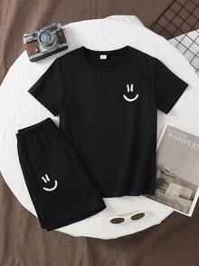 SHEIN Vacaura Jungen Frühling/Sommer Neuer Lächelndes Gesicht Muster Rundhals Kurzarm Blau Set, Lässig & Vielseitig für den Alltag - Schwarz - Übersicht 3