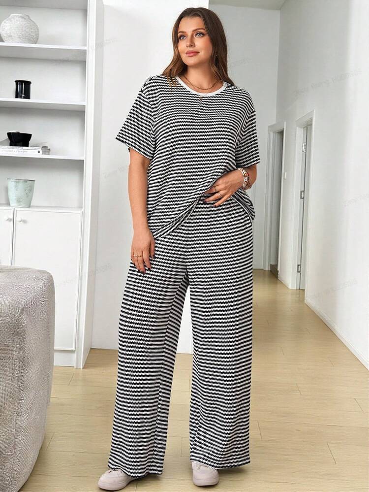 2pc Set  Plus Size Women's Summer Casual Vacation Country Black & White Striped Top T-Shirt And Pants 2 Piece Set With Pockets, Spring/Summer,Summer\Vacation,Summer Holiday,Spring Break Outfits ,Vacation Outfits Women ,Holiday Outfits For Women,Going Out Outfits,2026 New Clothes,Simple And Fashionable For Everyday Wear,Suitable For Summer, Vacation, Daily Wear,Modest Two Piece Set, Plus Size Summer Sets,Plus Size Pants Set,Boho Set,Boho Pants Set For Women,Wide Leg Pants Set,2 Piece Casual Sets Woman, Short Sleeve Two Piece Set,Two Piece Set Women Comfy,Casual Home Set