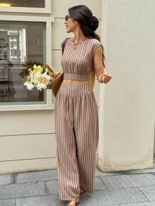 Serisse Women's Summer Casual Brown Striped 2 Pieces Set,French Vacation Linen Sleeveless Back Tie Blouse And Wide-Leg Pants,Bohemian Vintage Loose Outfits - Brown - View 7