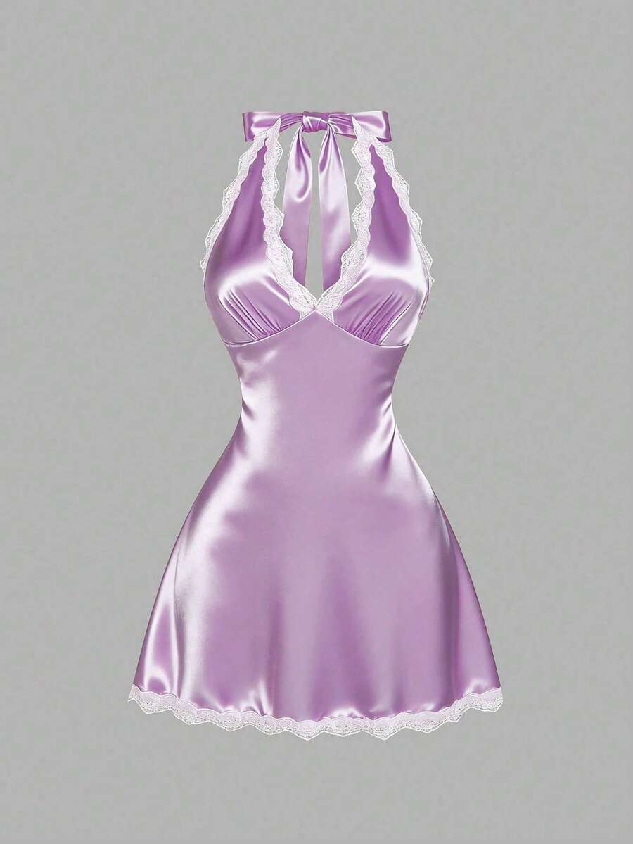 Sweetra Gaun Seksi Berpotongan V Dalam dengan Renda Satin, Gaun Mini A-Line Tanpa Punggung, Serbaguna & Melangsingkan untuk Perjalanan & Liburan - Mauve Purple - View 1