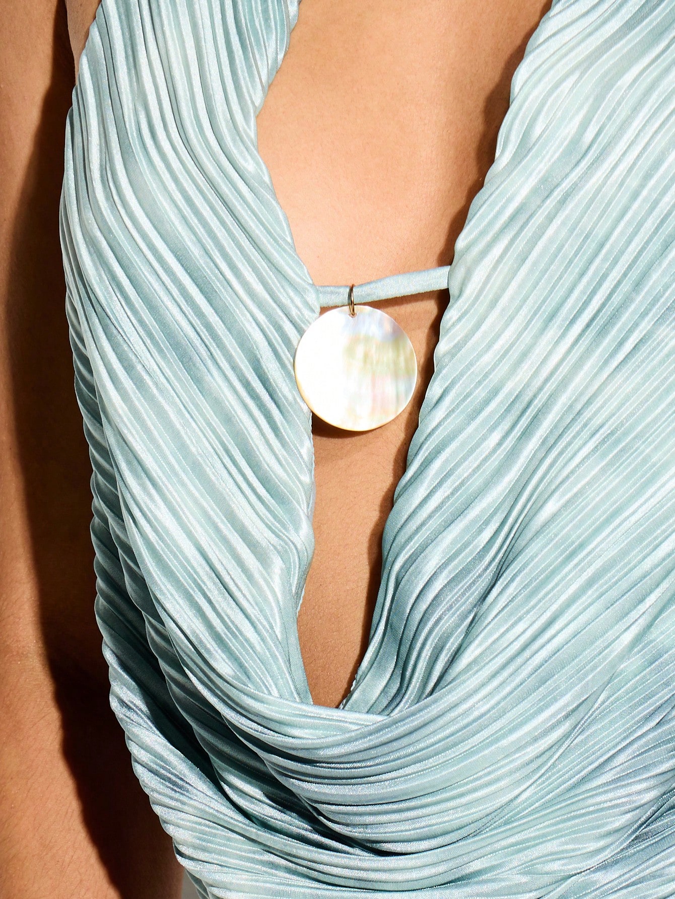 KIZN Halter Plunge Metallic Pleated Tank With Tie Back