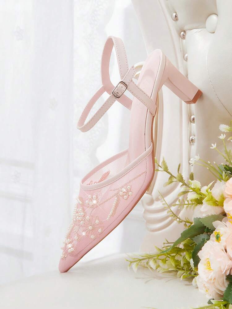 CUCCOO HITCHD Women's Embroidered Beaded Pointed Toe Chunky Heel High Heels, Elegant Slingback Pumps, Fashion For Wedding, Valentine's Day, Tea Party, Graceful Outfit Valentine's Day
