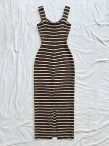 Soleia Đầm midi kẻ sọc dáng suông thoải mái cho nữ mùa hè - Màu Khaki - Xem 2