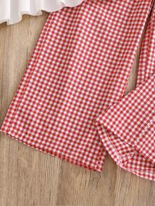 SHEIN 2pcs/Set Tween Girls Sleeveless Shirt With Bow Buttons & Plaid Patchwork + Long Pants, Spring/Summer - Red - View 8