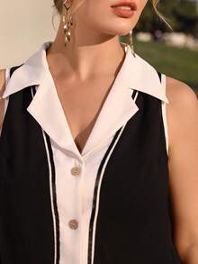 Juhart 大码优雅撞色拼接翻领无袖衬衫女式背心领上衣黑白上衣 - 彩色 - 查看 8
