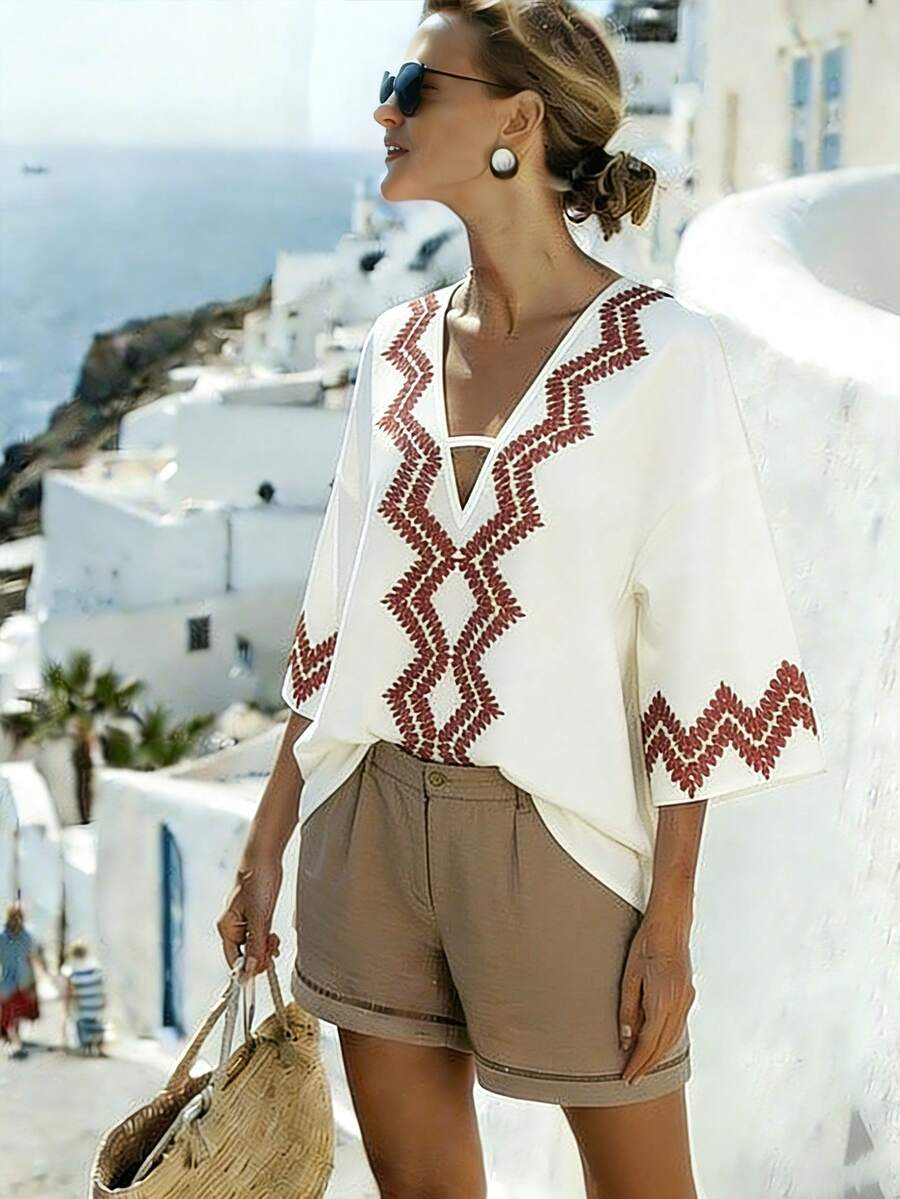 SHEIN Holidaya Áo kiểu nữ dáng rộng, cổ chữ V, tay lửng, in họa tiết, thích hợp cho kỳ nghỉ. - Màu be - Xem 1