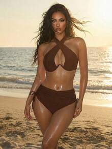 SHEIN Swim Bộ bikini cổ yếm màu trơn có gọng dành cho nữ mùa hè - màu nâu - Xem 2