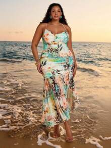 SHEIN BAE 大码女式夏季沙滩度假开衩褶皱吊带连衣裙 - 彩色 - 查看 2