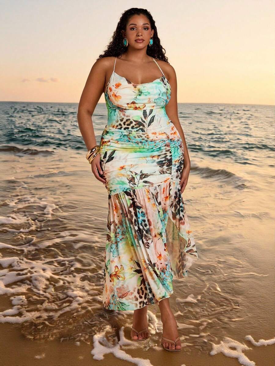 SHEIN BAE 大码女式夏季沙滩度假开衩褶皱吊带连衣裙