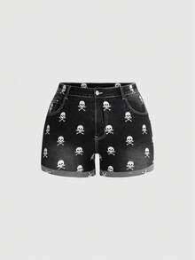 ROMWE Grunge Punk Y2K Vintage Dödskalle Mönstrade Plus Size Jeansshorts - Svart - Visa 5