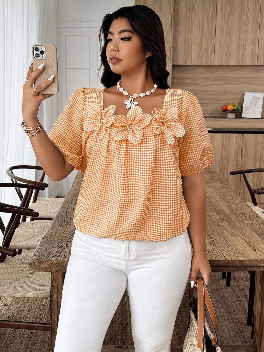 EMERY ROSE Plus Size Women Plaid 3D Floral Decor Short Puff Sleeve Shirt - Orange - View 1