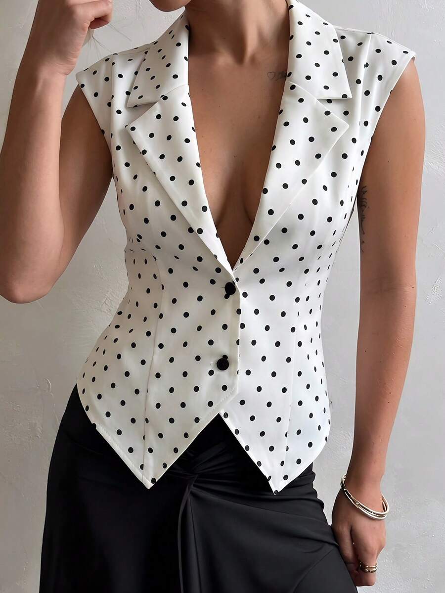 Firerie Women's White And Black Polka Dot Summer Elegent Office Mermaid Sleeveless Notched Collar Cinched Waist Retro Blazer,Stylish Casual Commute Outing