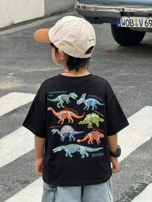 男童休闲可爱卡通恐龙夜光印花宽松圆领短袖黑色T恤，基础款，Y2K风格，适合春夏、郊游、情人节、约会、旅行、度假、家庭聚会、返校、婚礼、晚间活动、运动、生日派对等场合。 - 黑色 - 查看 3