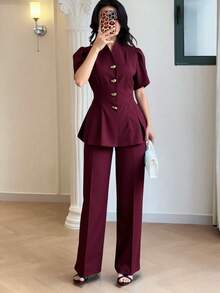 Modelyn 新款立领单排扣收腰A字衬衫搭配高腰直筒裤，优雅职业装两件套 - 酒紅色 - 查看 3