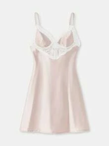 lacRébo Bộ đồ ngủ gợi cảm 2 món phong cách cổ điển với váy ngủ bằng vải satin và ren và áo choàng ren mi - Màu Xám nhạt - Xem 9