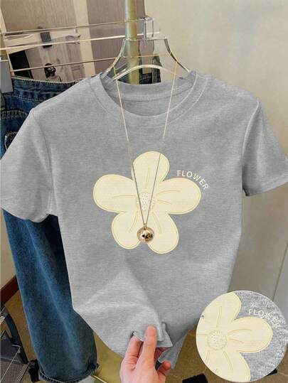 Teen GirlFloral Gray Short T-Shirt With White Floral Print, Suitable For Outings, Spring, Summer, Autumn, Suitable For Girls And Women, Floral Pattern, Classic For Everyday Wear