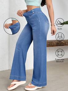 Flexra Quần jean ống rộng nữ kiểu dáng thường ngày đa năng có túi - Màu xanh lam - Xem 1