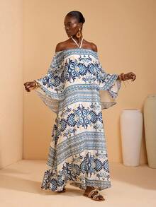 JIAN LASALA White All-Over Print Chiffon Off-Shoulder Halter Neck Tie Layered Women Boho Sexy Maxi Dress Golf Autumn - Multicolor - View 4