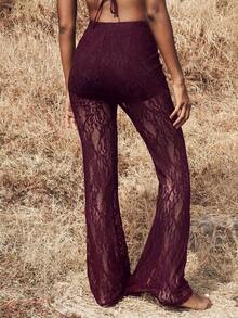 Opulessa Pantalones acampanados de cintura alta con encaje de punto para vacaciones - Granate - Ver 2