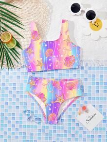 Bộ đồ bơi tankini tối giản, phong cách thường ngày, nhiều màu sắc, in hình cầu vồng, đại dương, sao biển, vỏ sò và ngọc trai, thích hợp cho mùa hè. - Nhiều màu - Xem 3