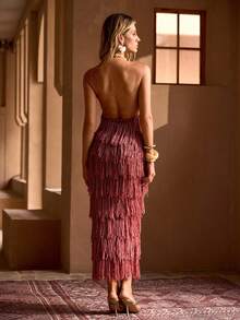 MOTF PREMIUM BEADED DECOR TASSELED SHEER VACATION COVER UP MID-LENGTH DRESS - Dusty Pink - View 2