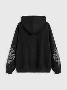 ROMWE Grunge Punk 朋克街头风复古荆棘 Y2K Y3K 未来主义扎染十字印花黑色拉链图案口袋女式卫衣 - 黑色 - 查看 2