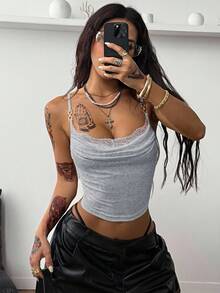 Coolane 女士夏季锐舞派对装扮 嬉皮街头风休闲Y2K辣妹蕾丝高领背心 - 灰色 - 查看 6