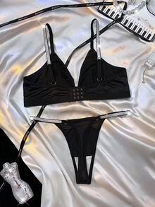 2pcs Women's Fashion Minimalist Comfortable Lingerie Set - Black - View 2