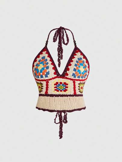 ROMWE Hippie Plus Size Women Vacation Crochet Contrast Color Halter Knit Top