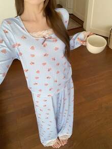 DAZY 2pcs Happy Dog Print Lace Patchwork Ribbed Texture Long Sleeve Top And Pants Pajama Set, Spring/Autumn Women - Blue - View 6