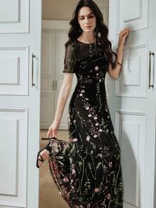 Anewsta Embroidered Mid-Length Dress, Elegant For Dates, Spring/Summer - Multicolor - View 1